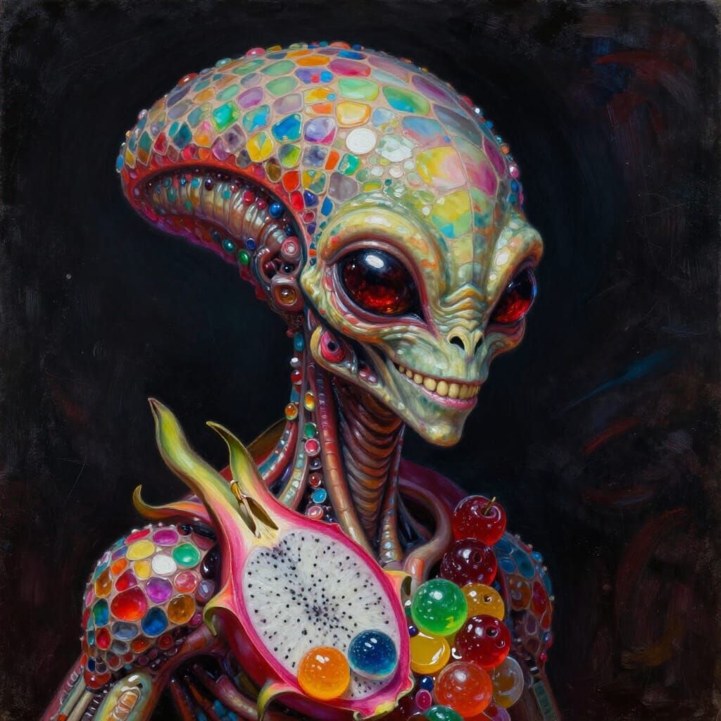 Grinning Alien Mosaic of Fruit and Candy