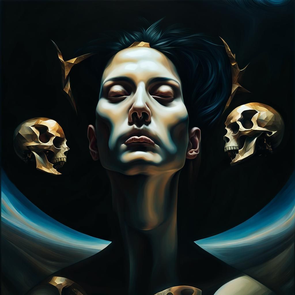 Surreal Skull Portrait Reflecting Infinite Golden Mirrors