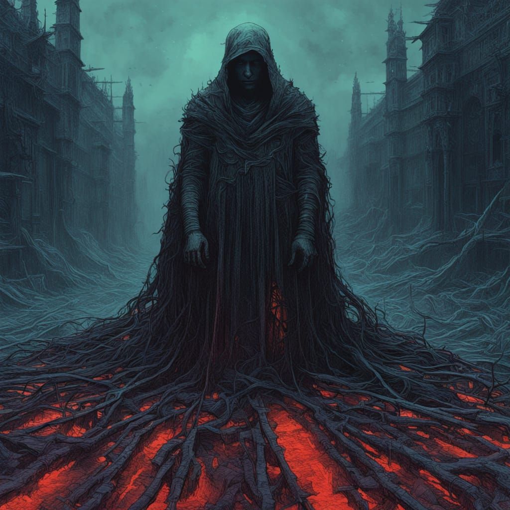 Gothic Figure in Tattered Administrative Code Robes Wields S...