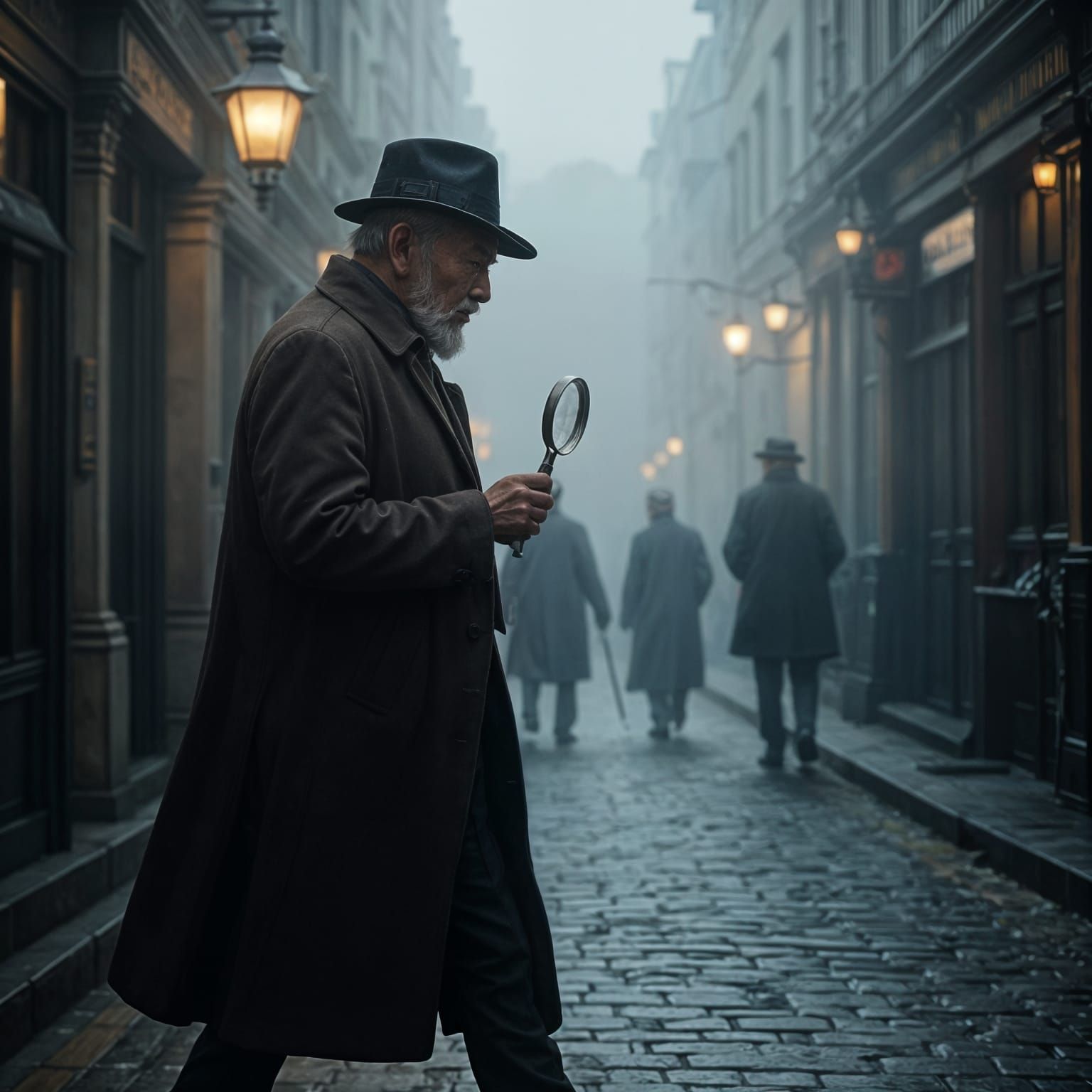Asian Detective in Foggy London: Cinematic Film Still