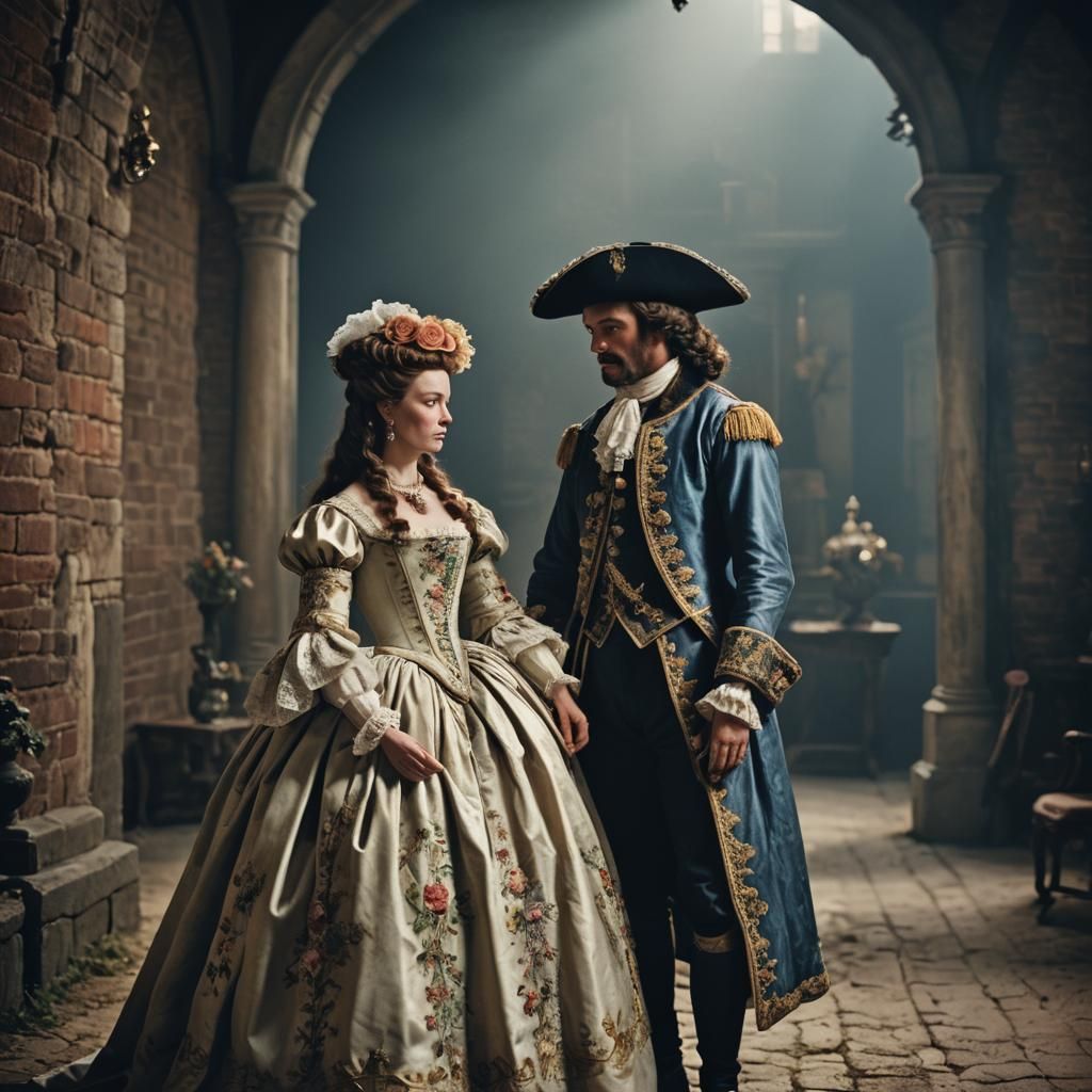 Couple in Regal 17th Century Attire, Cinematic Masterpiece