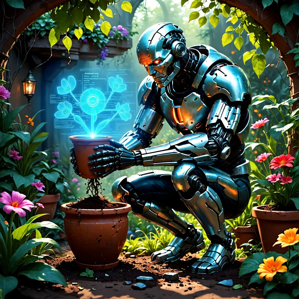 Cyborg Crushes Flowerpot in Overgrown Garden