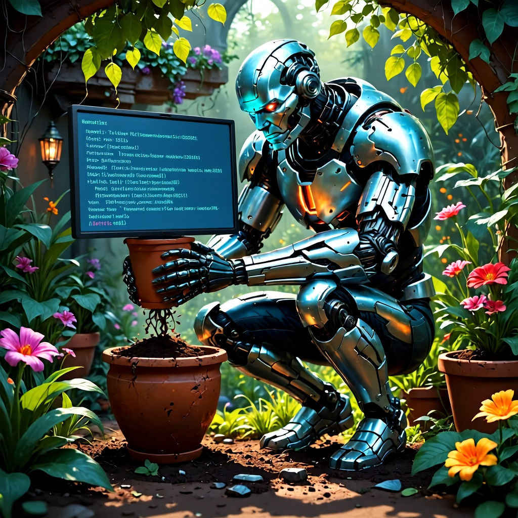 Cyborg Crushes Flowerpot in Detailed Digital Painting