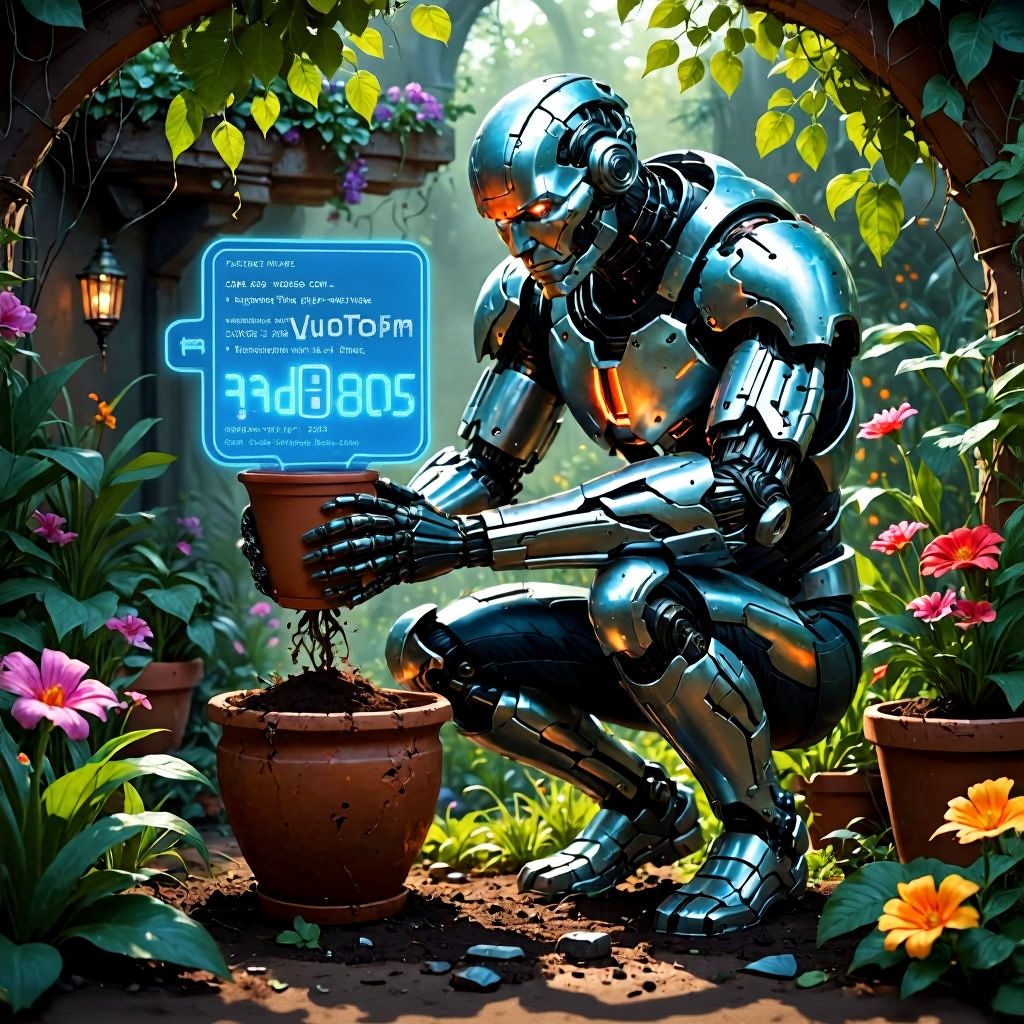 Cyborg Crushes Flowerpot in Digital Garden Masterpiece