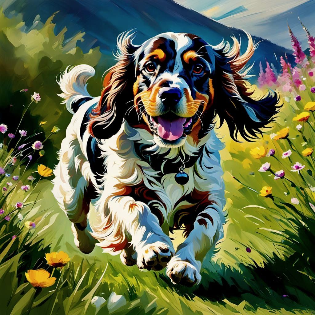 Playful Cocker Spaniel in Sunlit Meadow: Tachisme Style