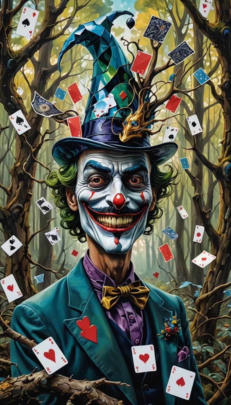 Surreal Bird Joker Portrait in Vibrant Forest