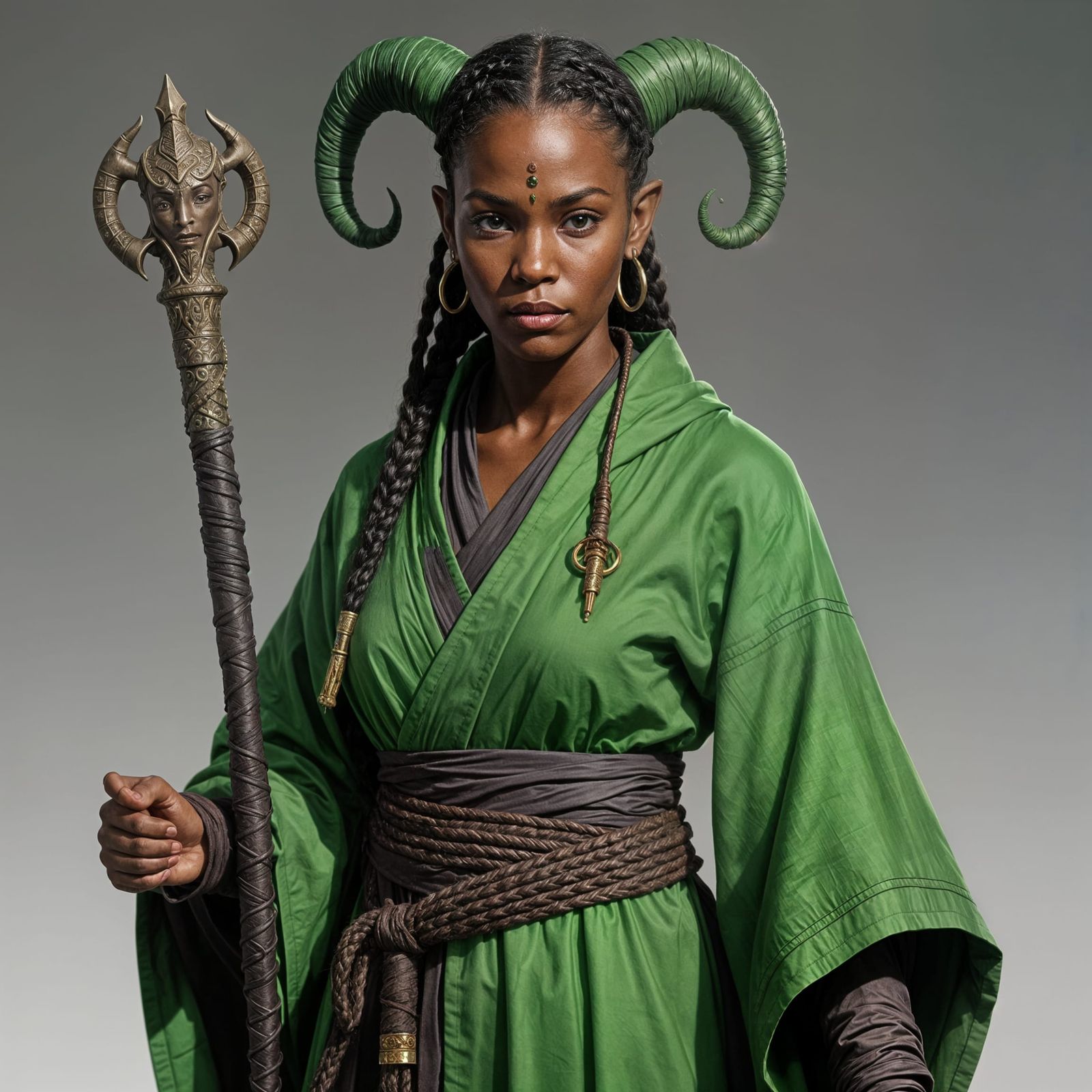 Tiefling Monk with Braids and Staff