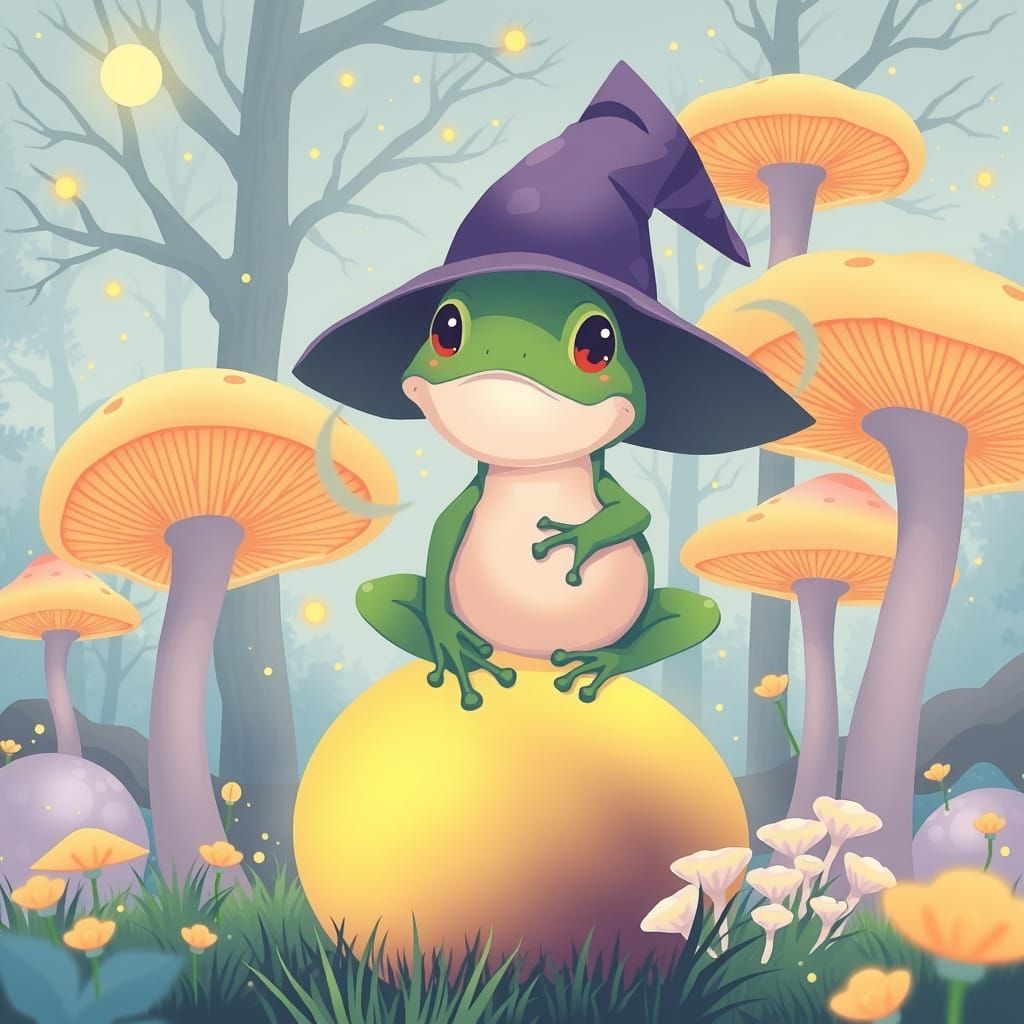 Frog Witch on Mushroom in Enchanted Forest