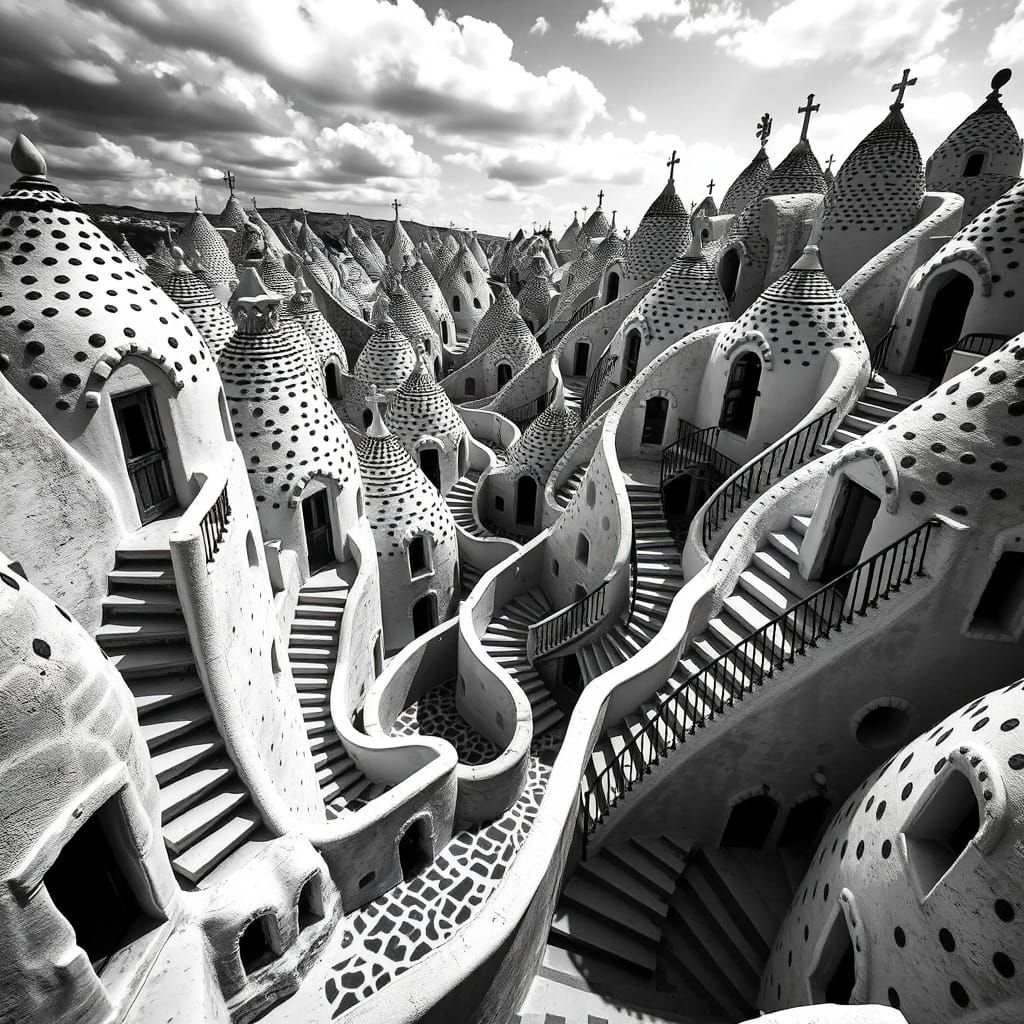 Escher-Inspired Trulli in a Psychedelic Dreamscape