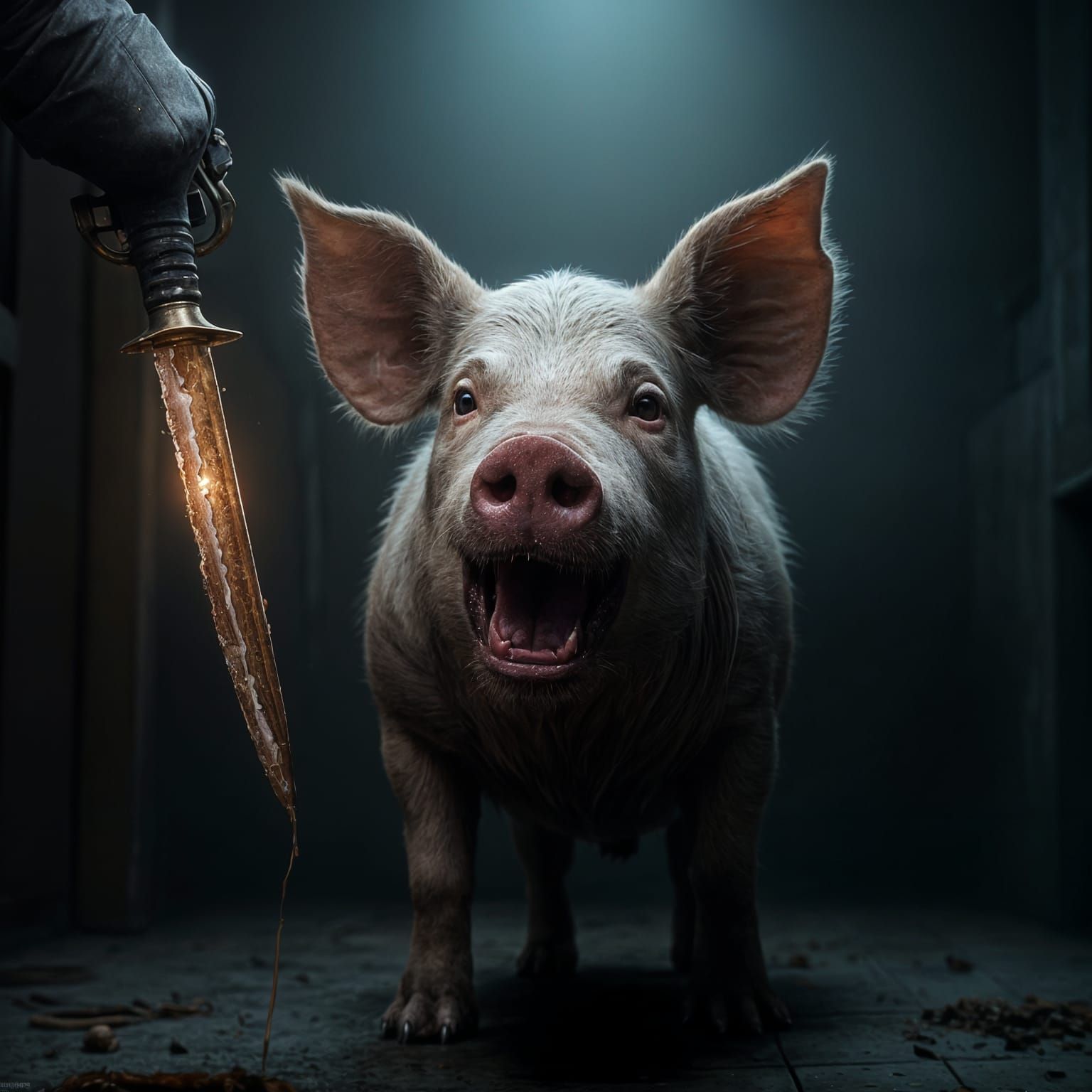 Tormented Pig in Dark Abattoir Scene