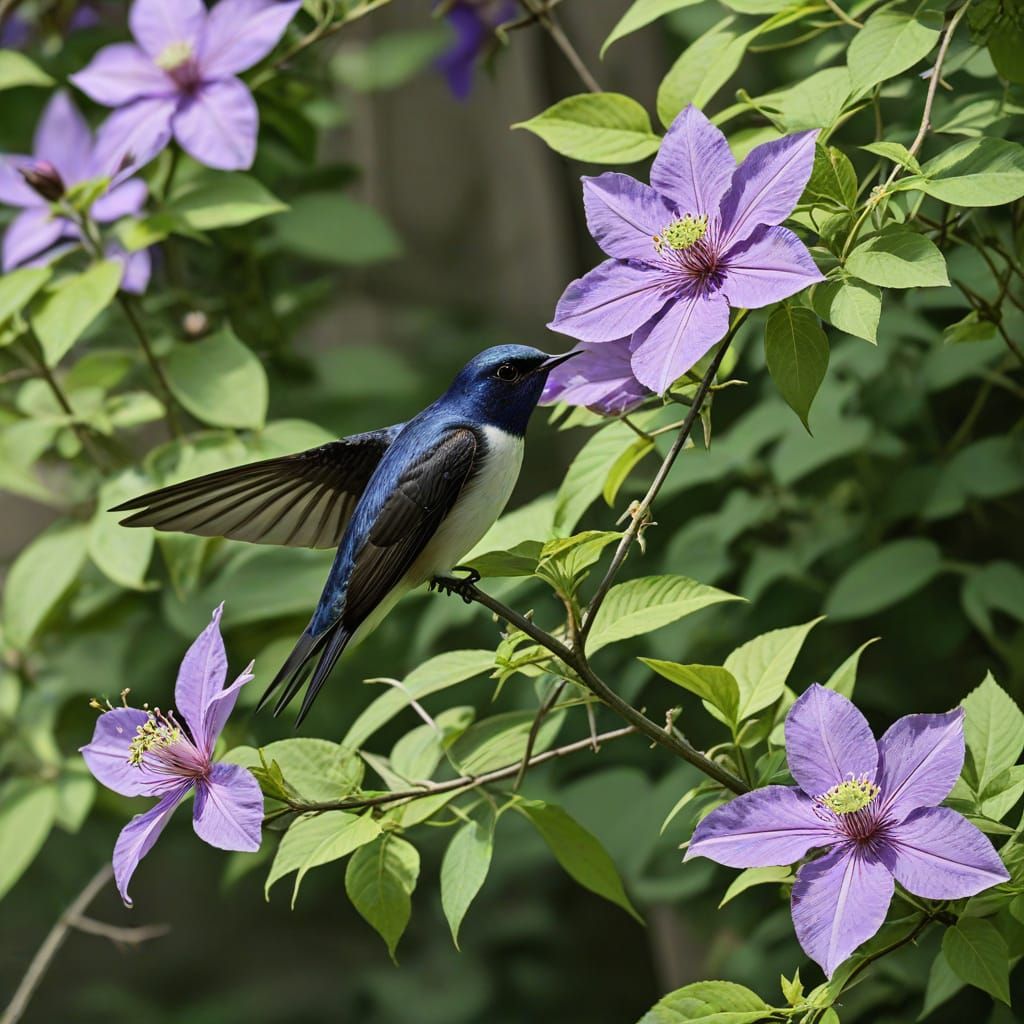 Clematis Branch with Swallow in Summer Garden