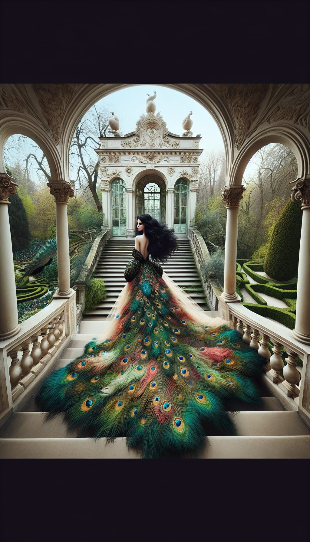 Elegant Woman in Peacock-Inspired Gown Descends Art Nouveau....