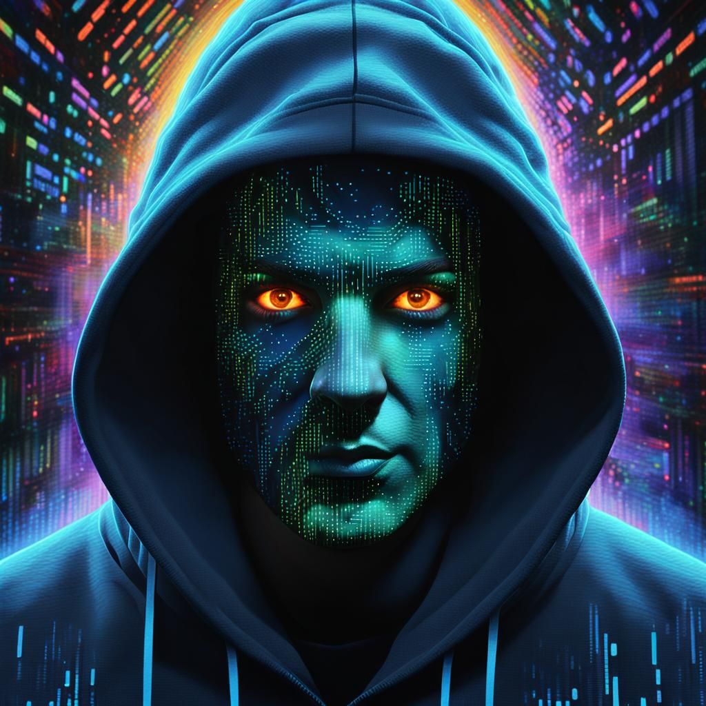 Hooded Figure Illuminated by Matrix Code