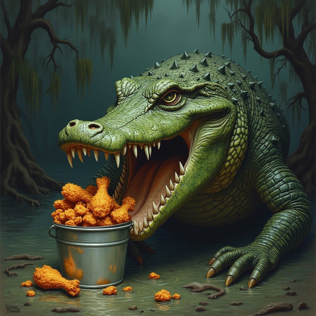 Menacing Crocodile Devours Fried Chicken in Dark Gothic Horr...