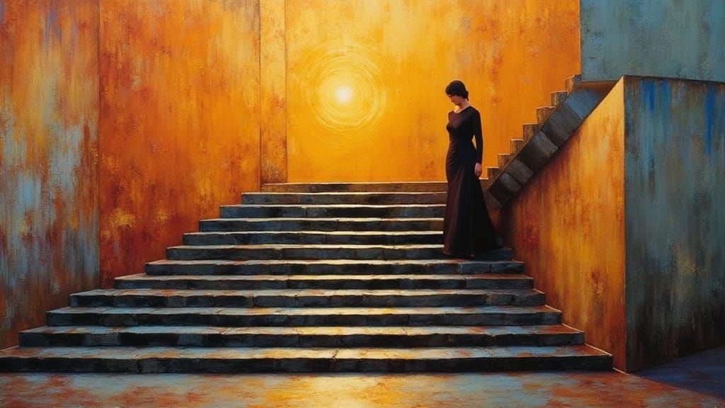 Cubist Geometric Abstraction Depicts a Woman Descending a St...