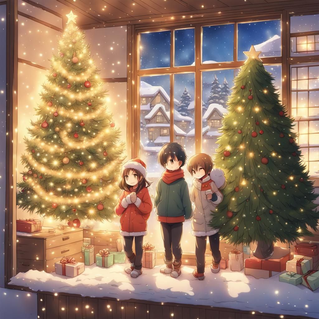 Anime Family Christmas Home Decoration with Golden Lights