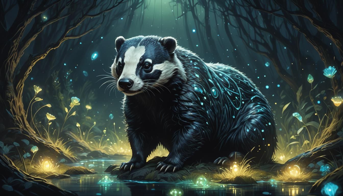 Bioluminescent Badger in the Dark: Detailed Oil Painting