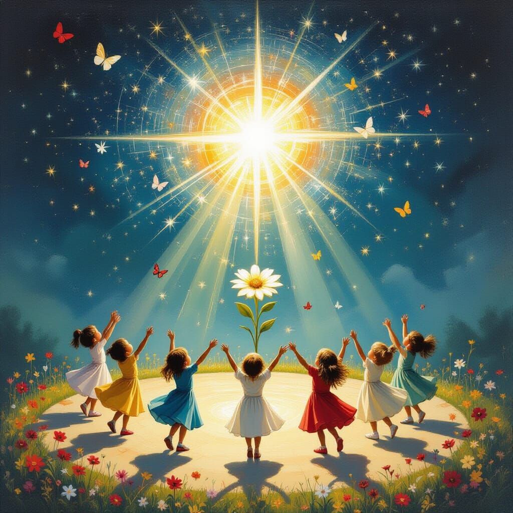 Children Dancing on Distant Planet as Oil Painting