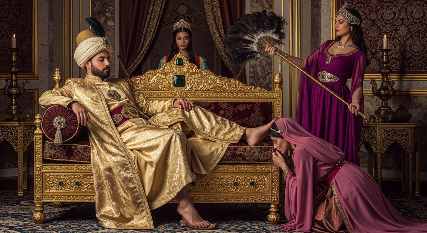Ottoman Sultan Lounging in Opulent Harem Throne Room