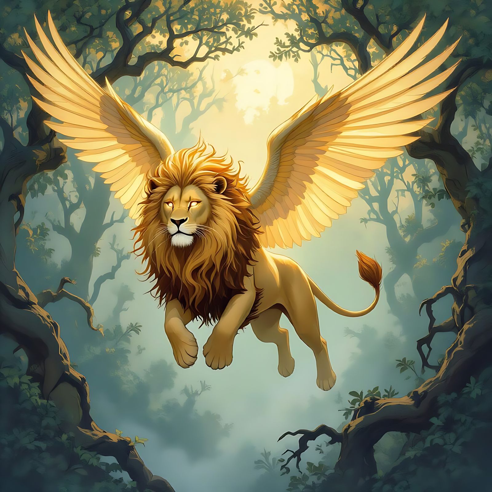 Winged Golden Lion Soaring Over Ancient Forest