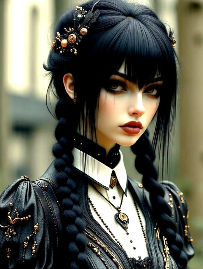 Dark Art Nouveau Punk Portrait of Wensday from the Adams Fam...