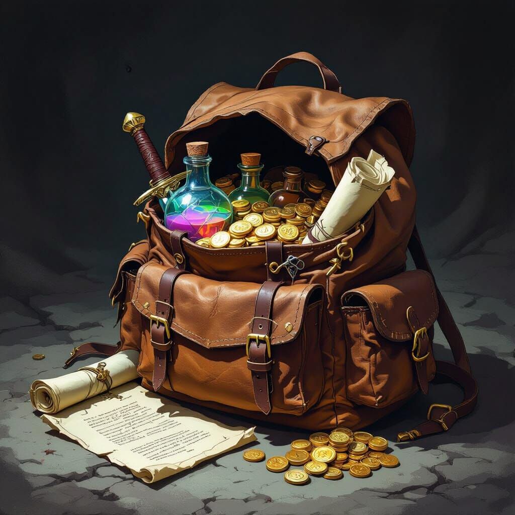 Detailed Concept Art of a Fantasy Knapsack with Inventory