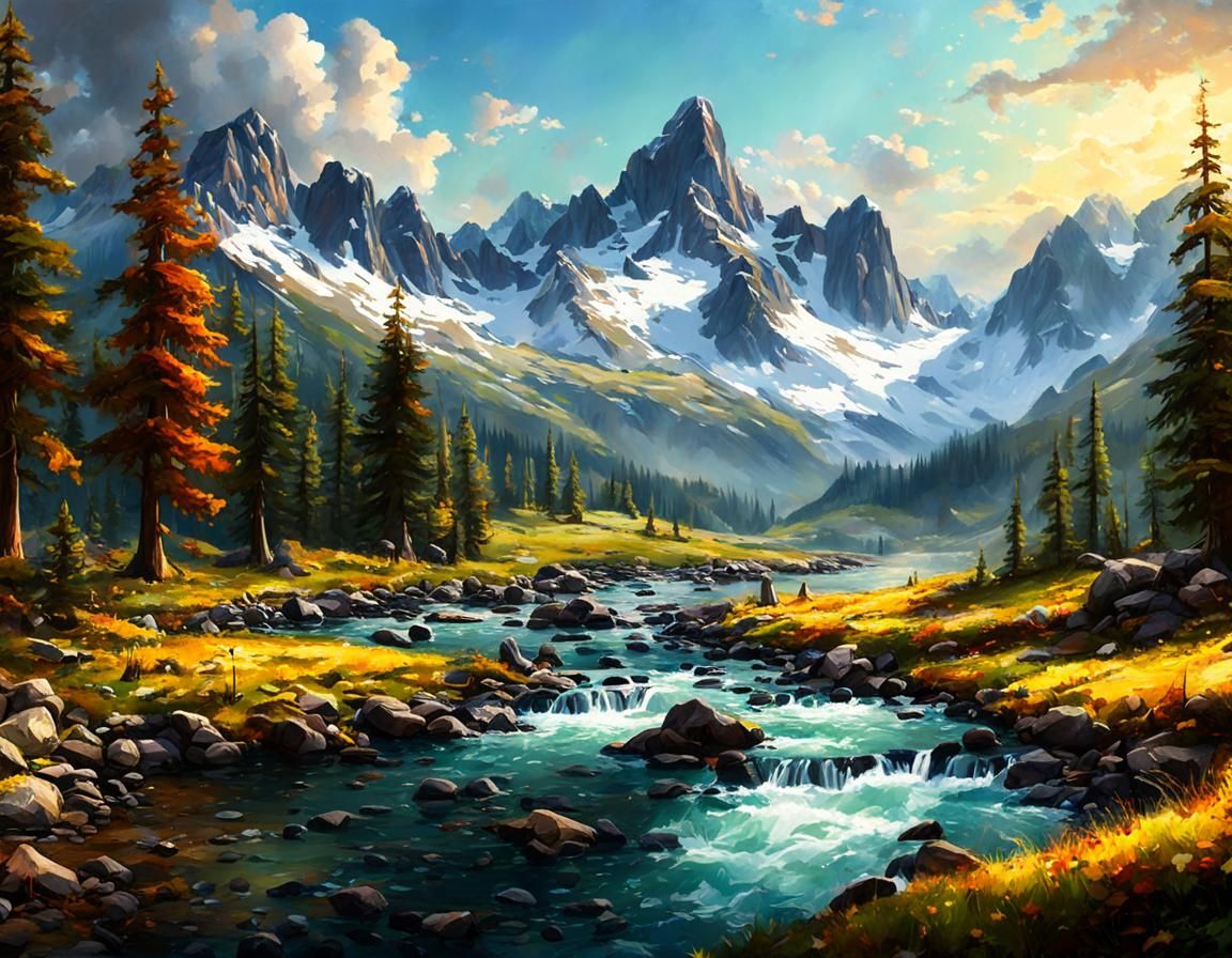Alpine Landscape Painting in Romantic Style