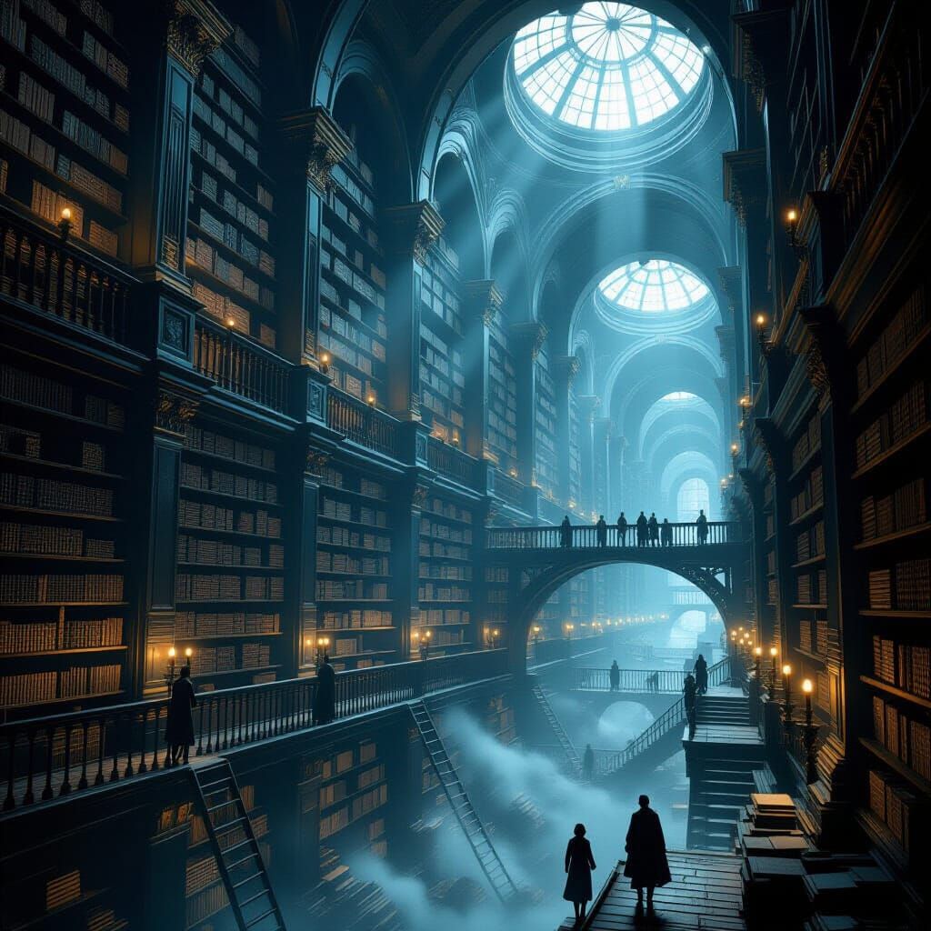 Infinite Library in Celestial Void, Dark Academia Style