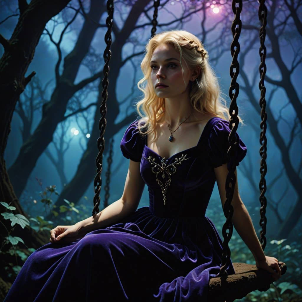 Enchanting Dark Fantasy Woman in Bioluminescent Grove