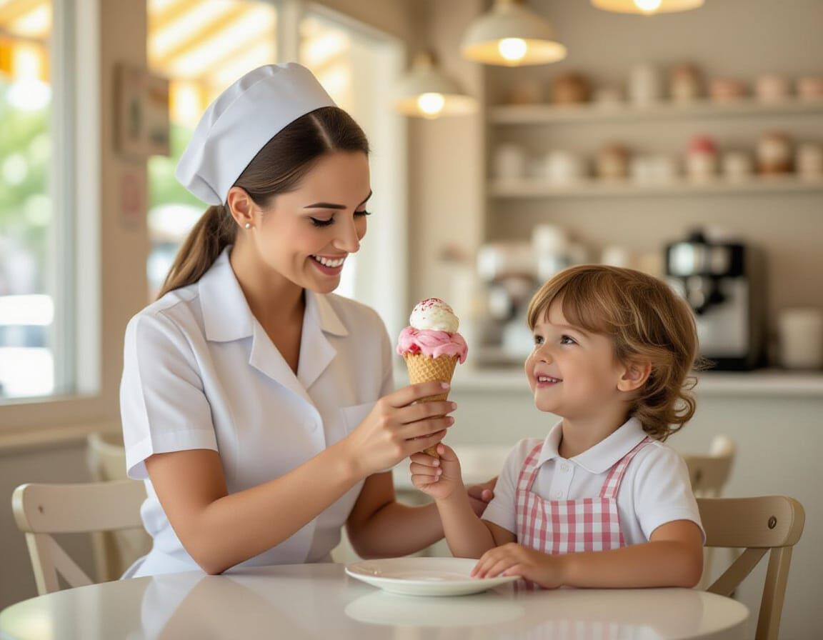 Photorealistic Waitress Serves Ice Cream to Child