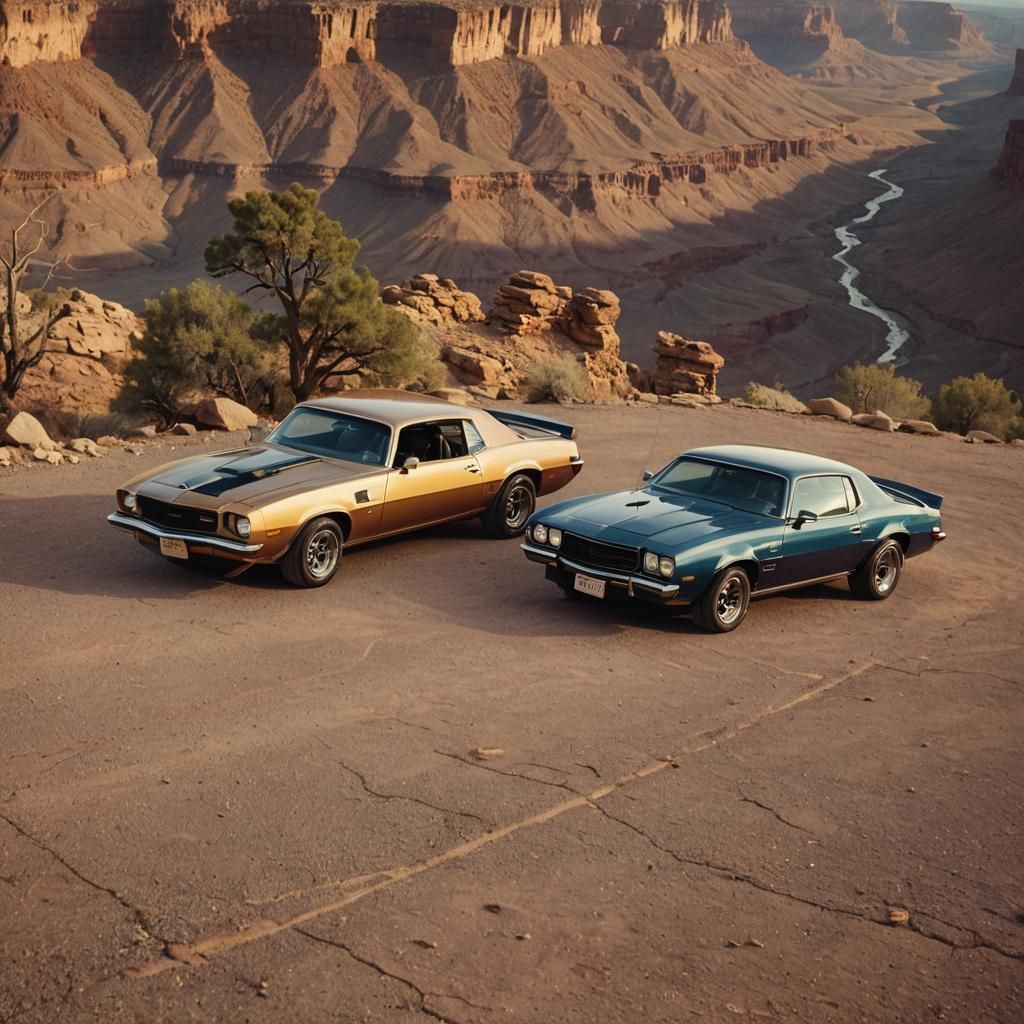 Classic Muscle Cars at the Grand Canyon in Golden Hour
