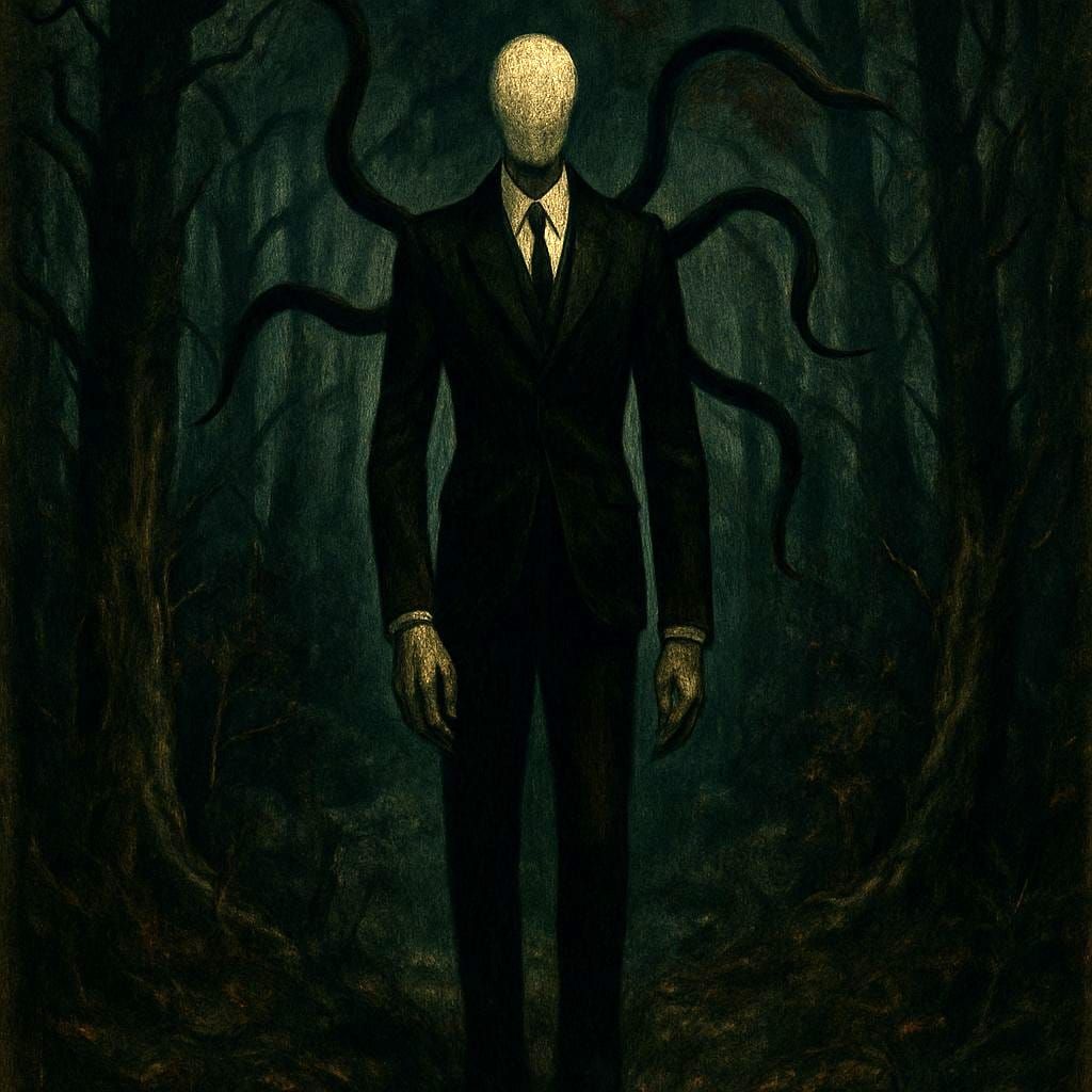Eerie Slenderman in Dark Forest: Golden Age Illustration