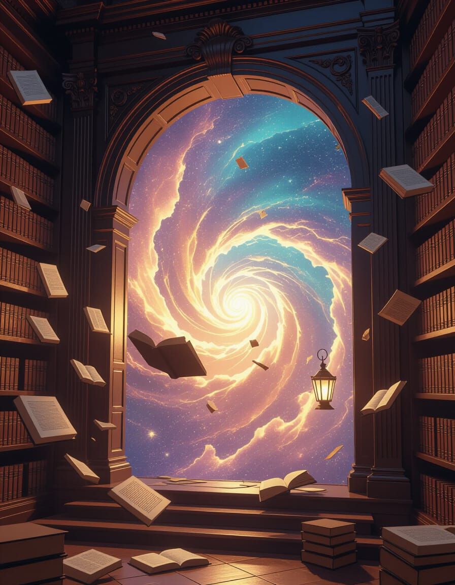 Cosmic Portal in Library: Ethereal Digital Art