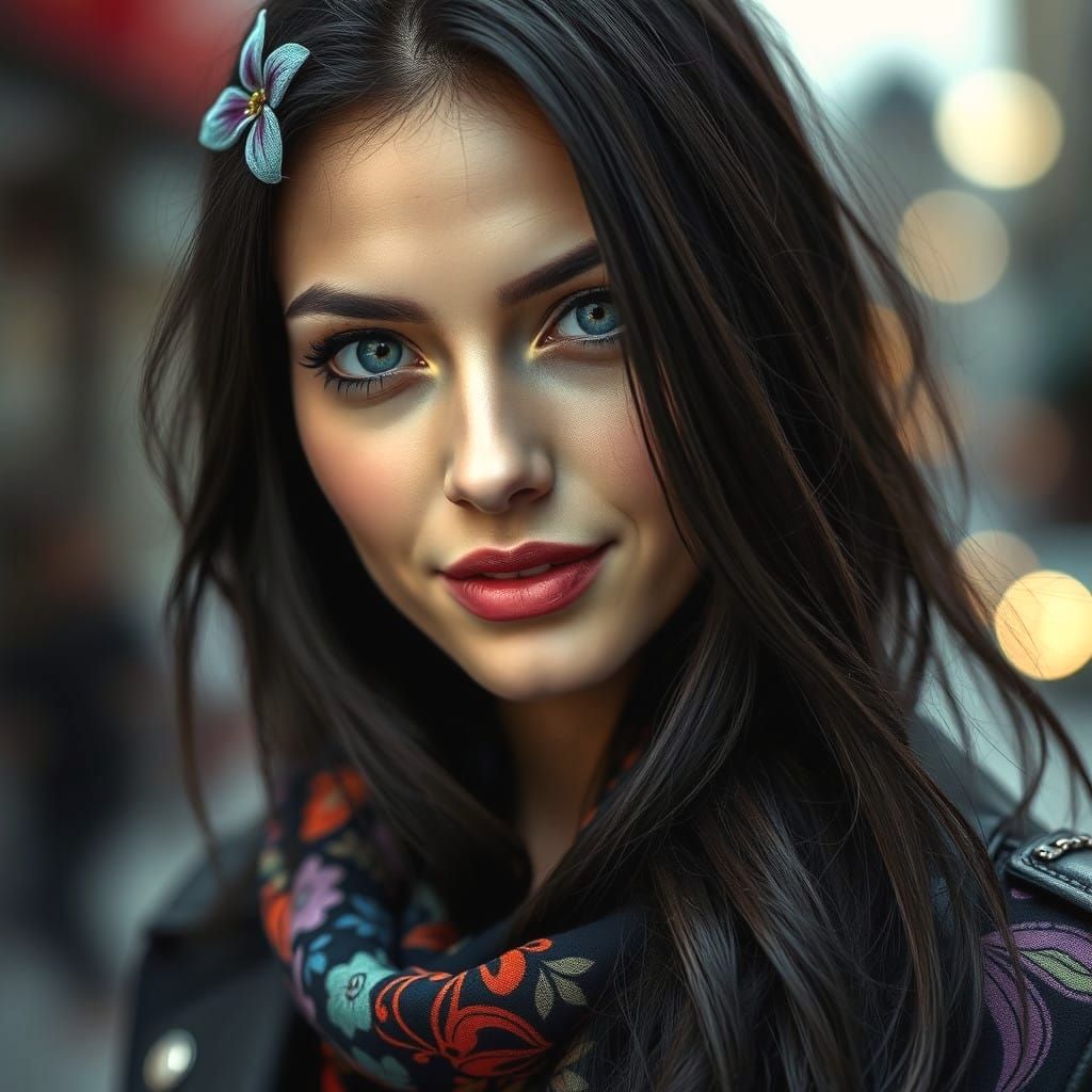 Mysterious Dark-Haired Woman in Enchanting Floral Adornments