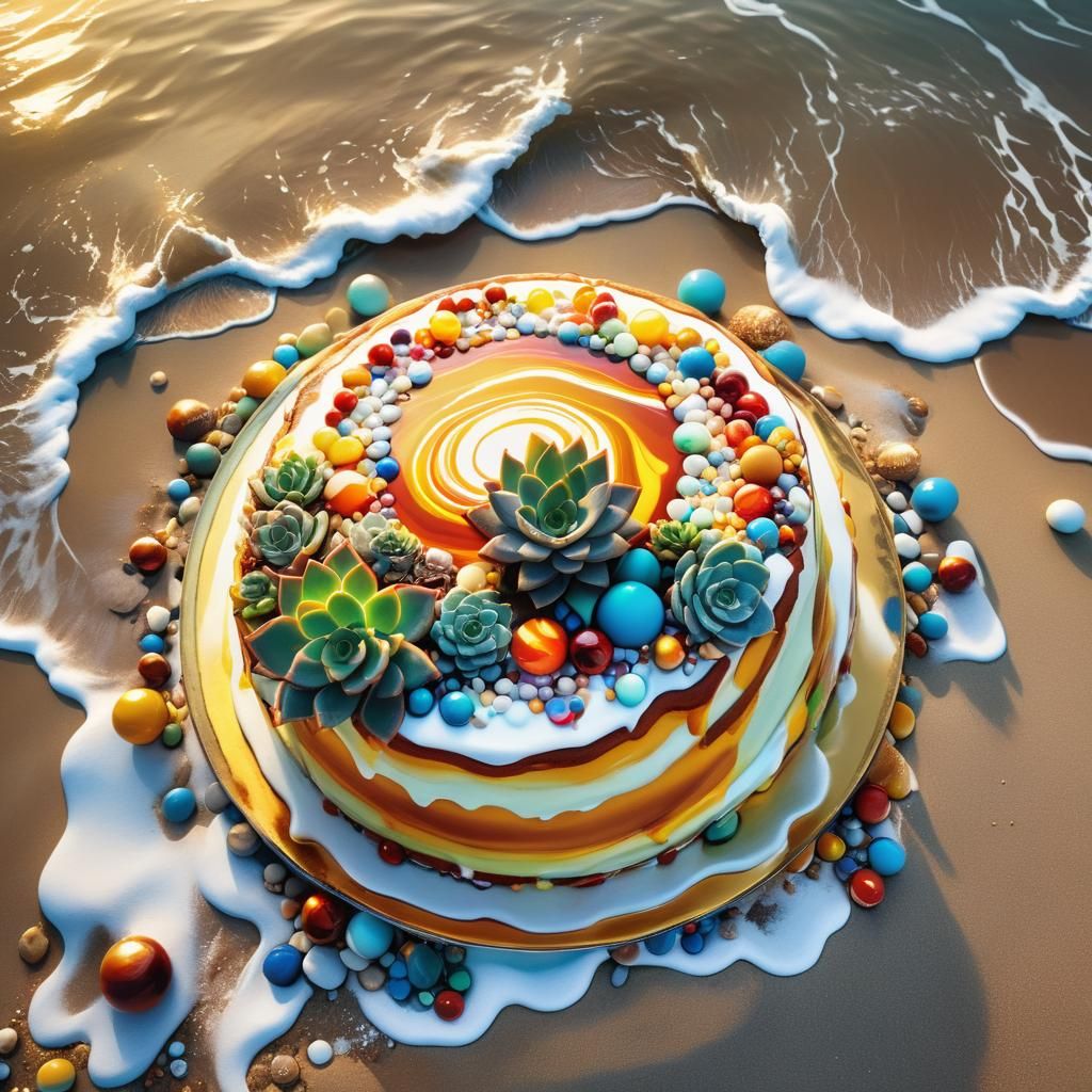 Succulent Cake on Beach in Vibrant Oil Painting Style