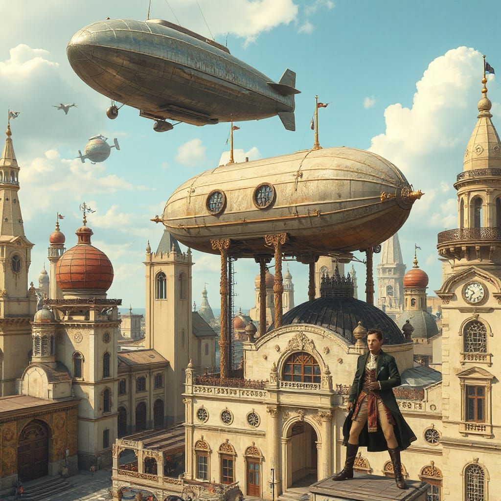 Steampunk Airship Over Cream-Colored Cityscape