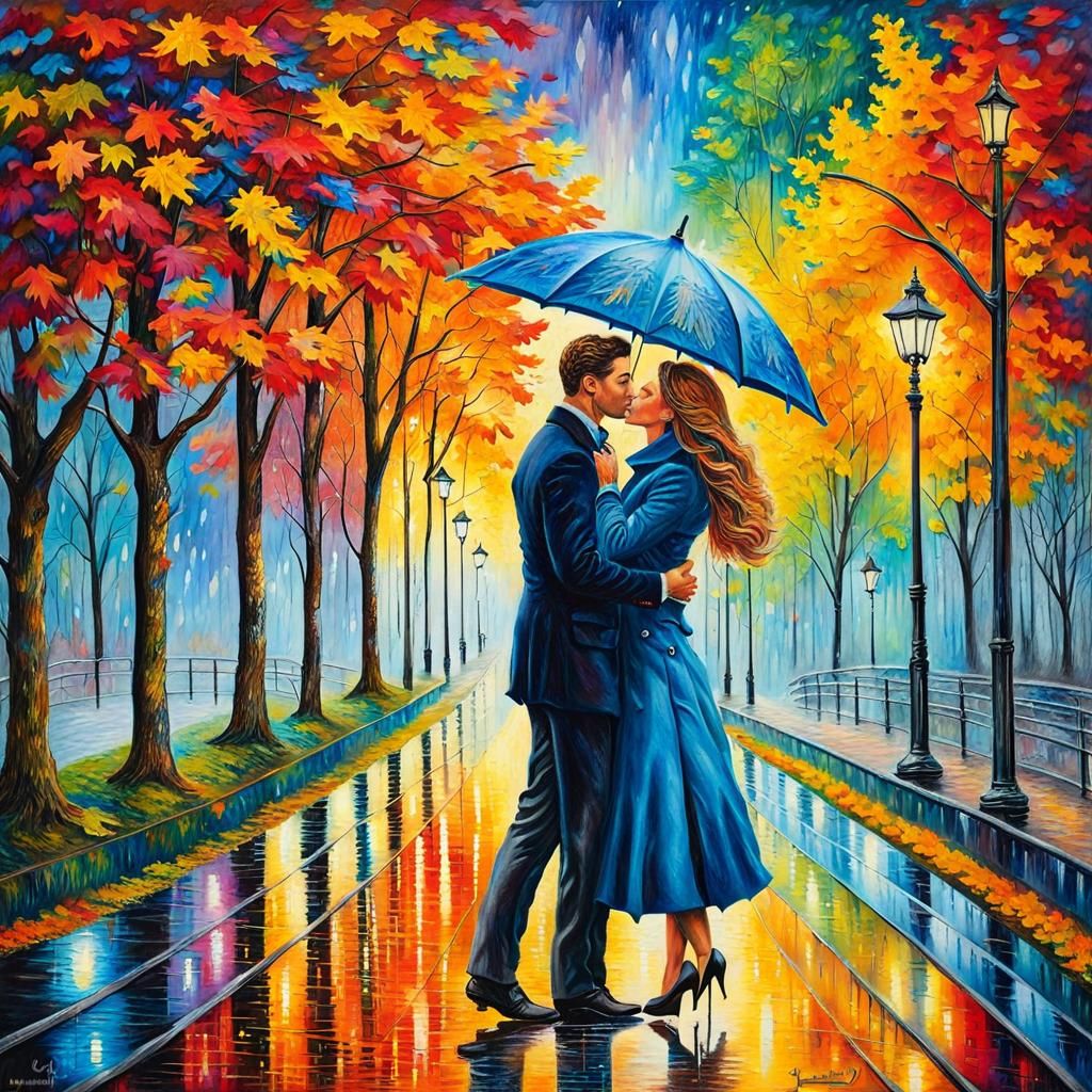 Love Blooms in the Rain: A Romantic Encounter beneath the Blue Umbrella