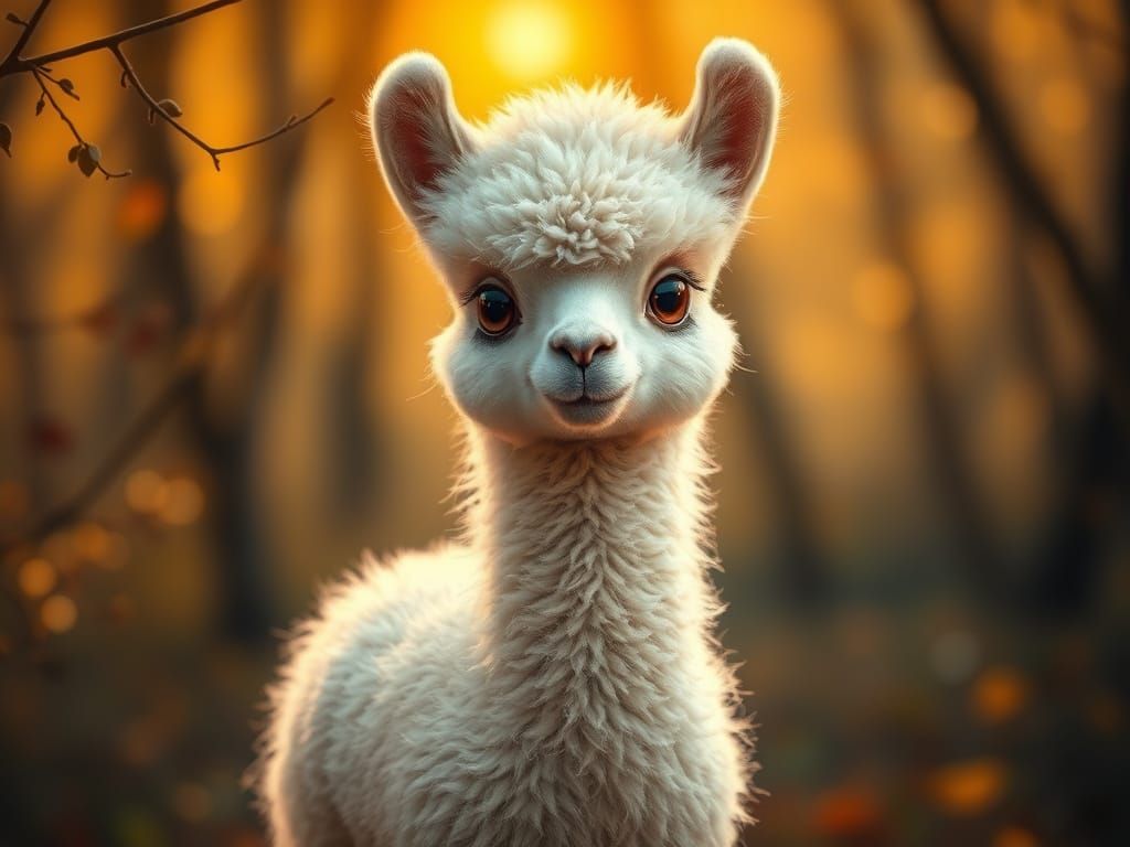 Cute Baby Alpaca in Enchanted Forest, Fantasy Art