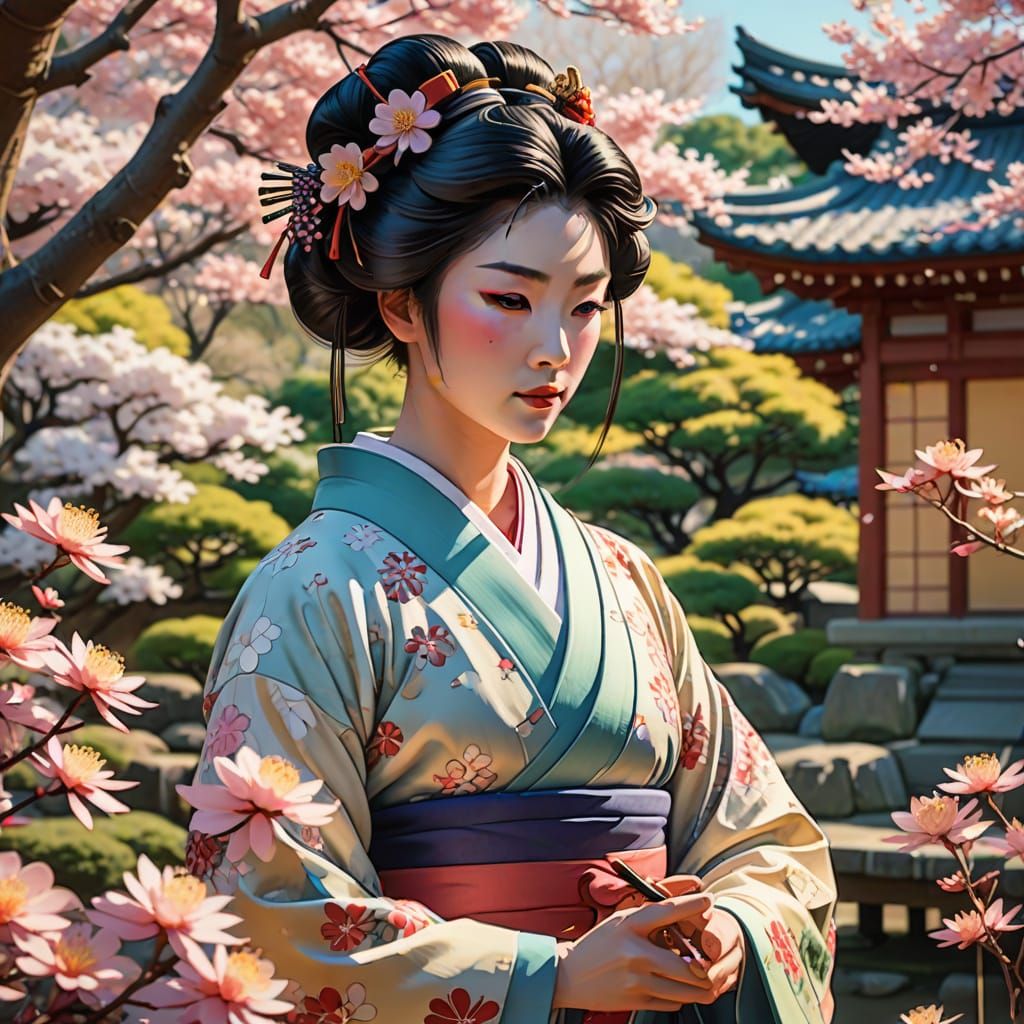 Serene Geisha Composing Haiku in Kyoto Garden