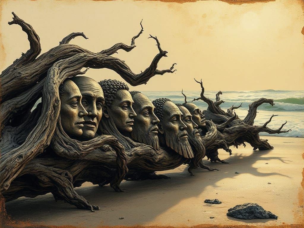 Driftwood Curling Eroded Olde-World Map, Charred and Rusty