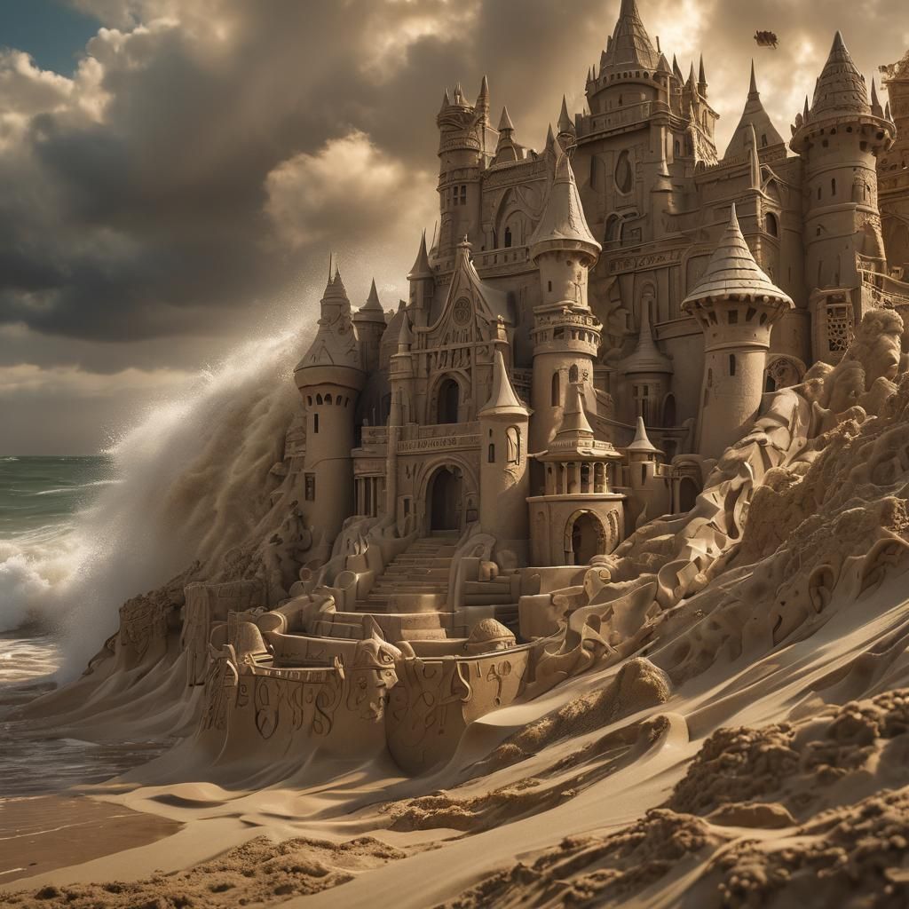 Majestic Sand Castle Defaced by Stormy Seas