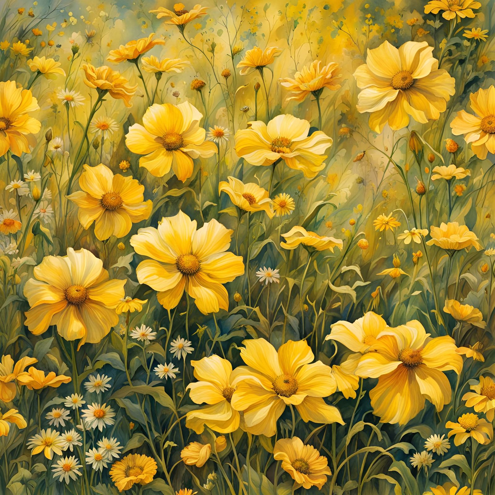 Lush Field of Yellow Flowers: Watercolor Illustration