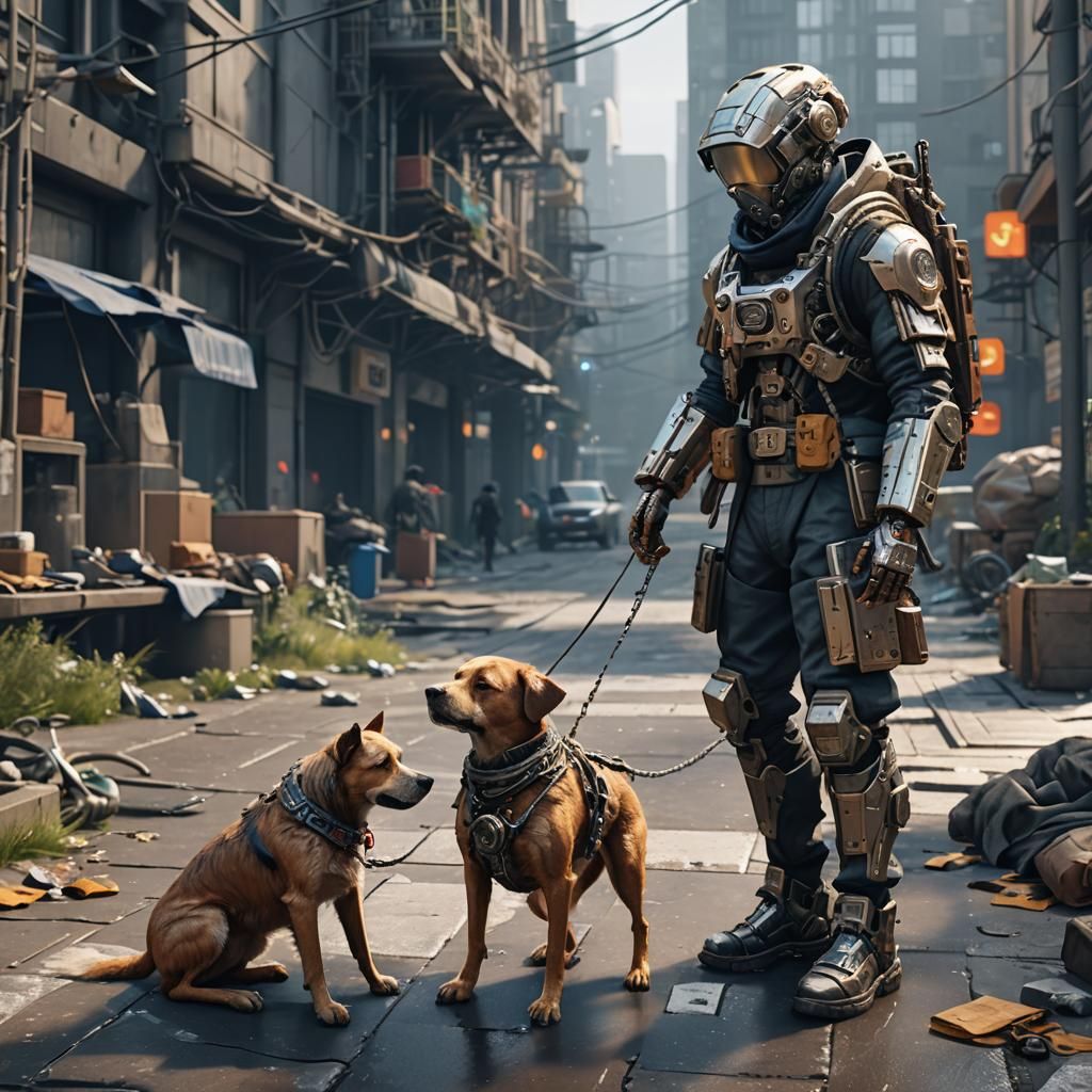 Futuristic Homeless Person with Dog in Sci-Fi Style