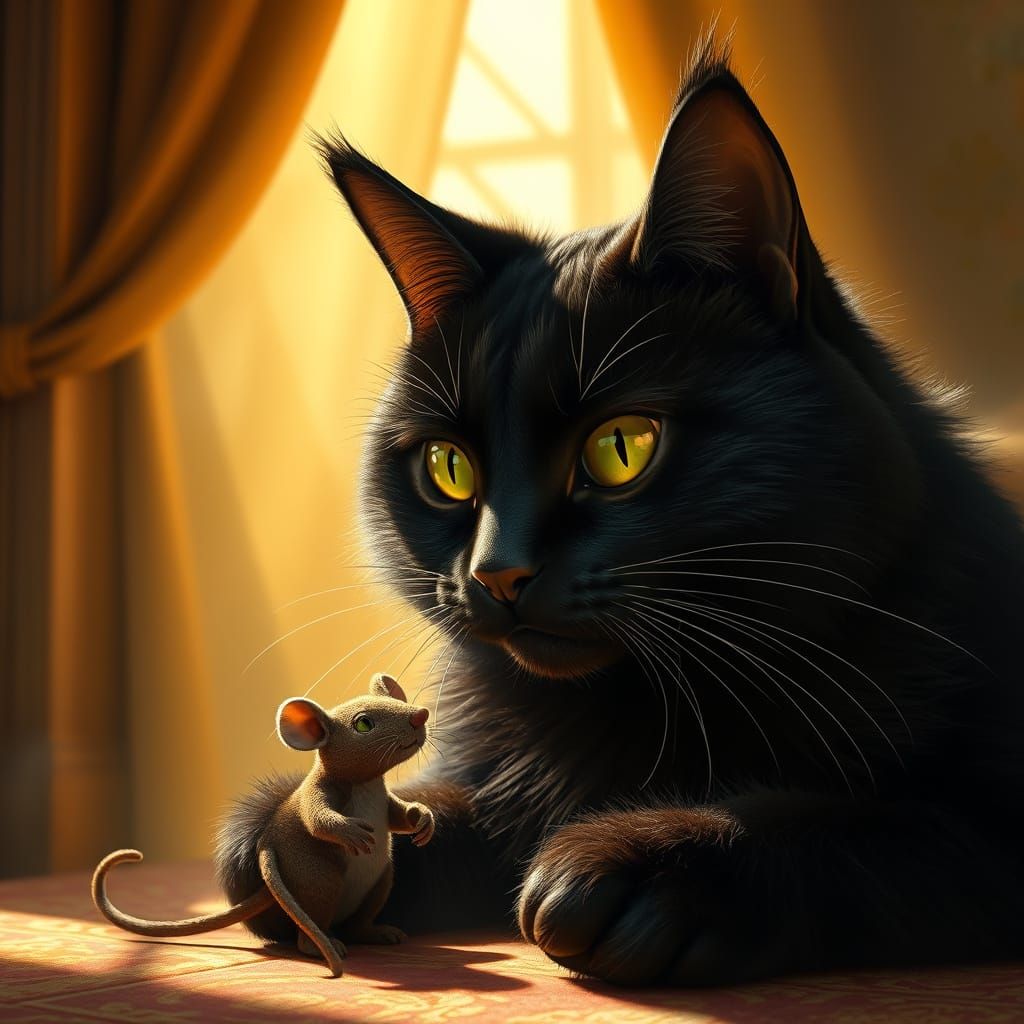 Majestic Black Cat Playfully Bats at Tiny Stuffed Mouse in G...