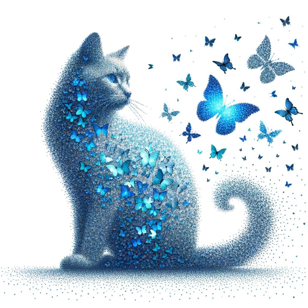 Blue Butterfly Cat Silhouette: Dreamy Celestial Art