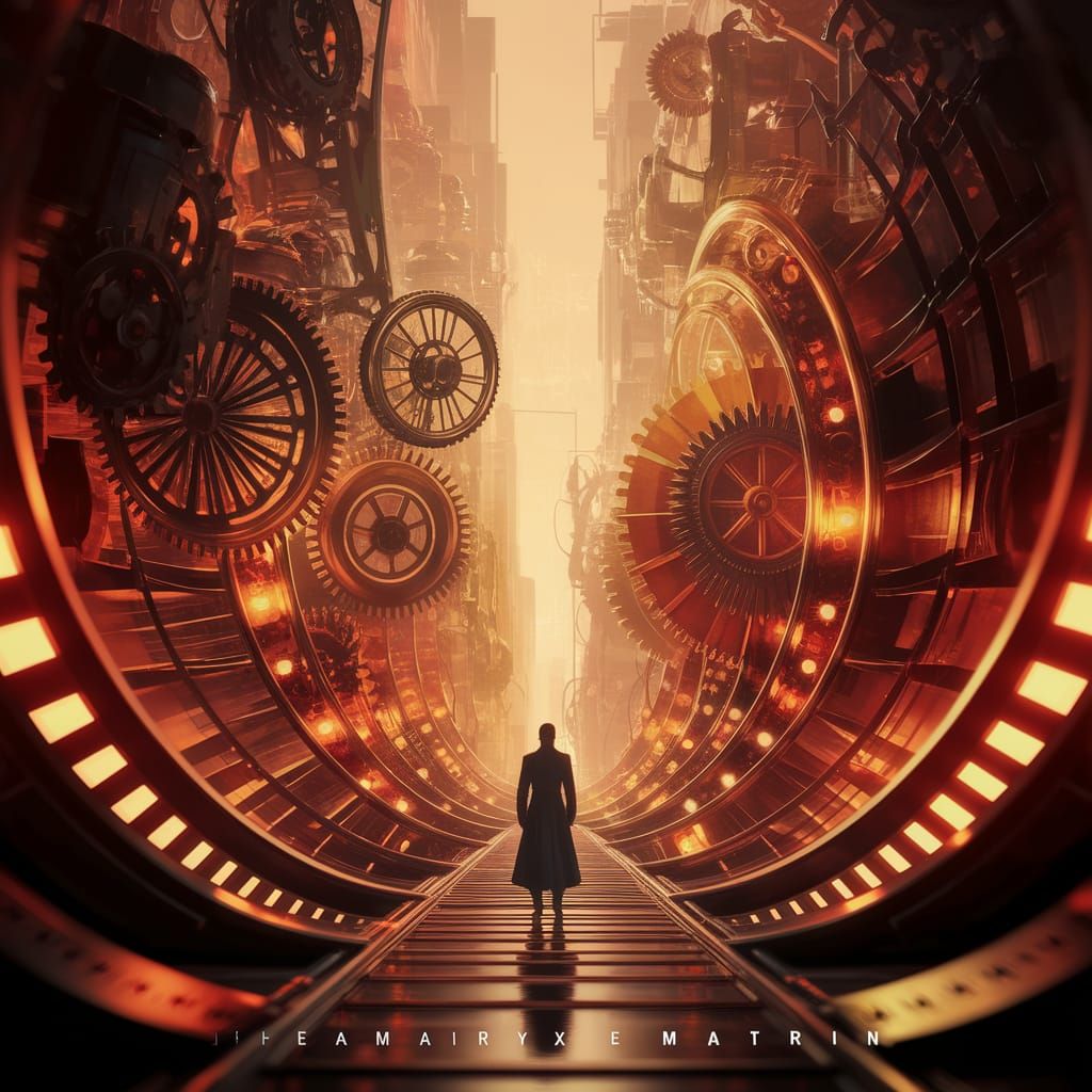 Steampunk Matrix Figure Amidst Clockwork Grandeur