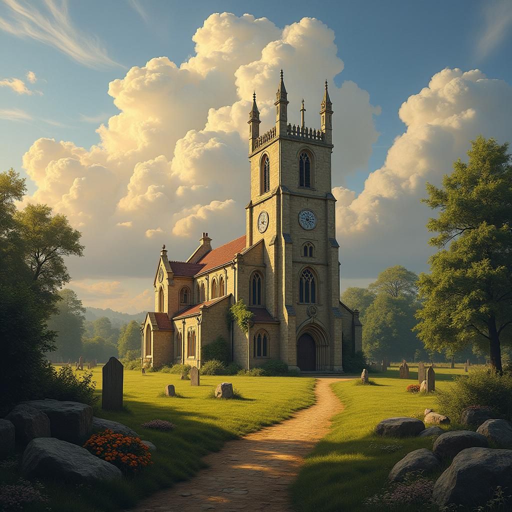 Majestic English Country Church in Hyperrealistic Style