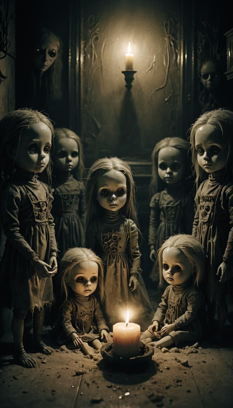 Eerie Surrealism: Lifeless Dolls in Dimly Lit Room
