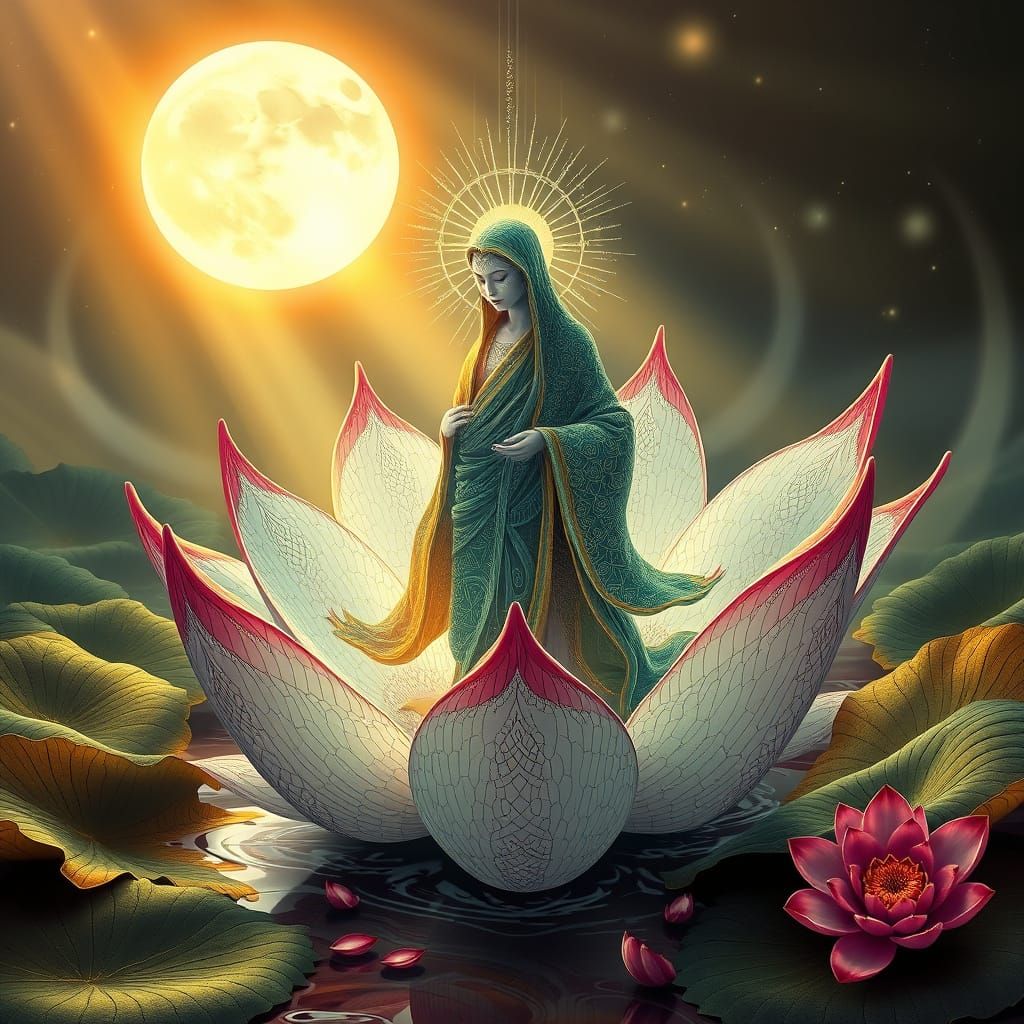 Ethereal Spirit Emerges from Lotus Flower