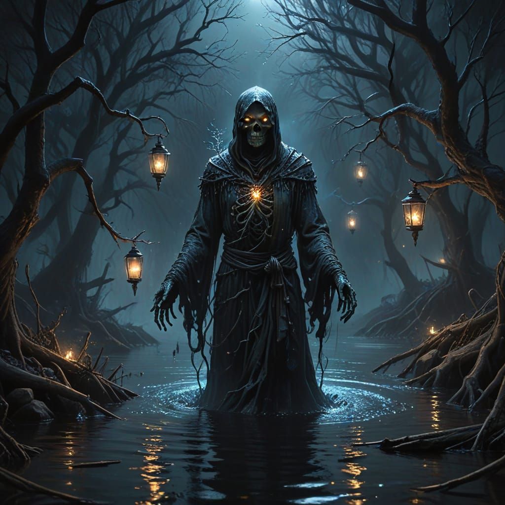 Ghostly Figure Emerges from Misty Lake, Hyperdetailed Art